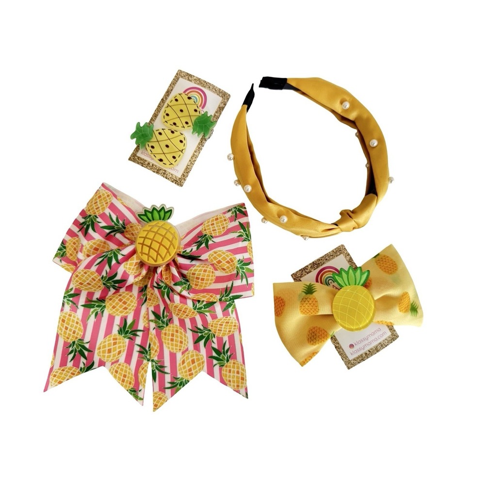 KLASS Girls 4 PCS Lot Summer Fruit Pineapple Hair Bows Clips Pearl Headband NWT